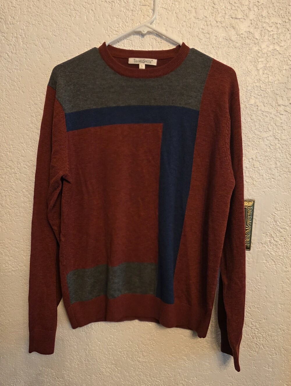 TravelSmith Men's Colorblock Crewneck Sweater - Maroon, Blue, Gray, Large